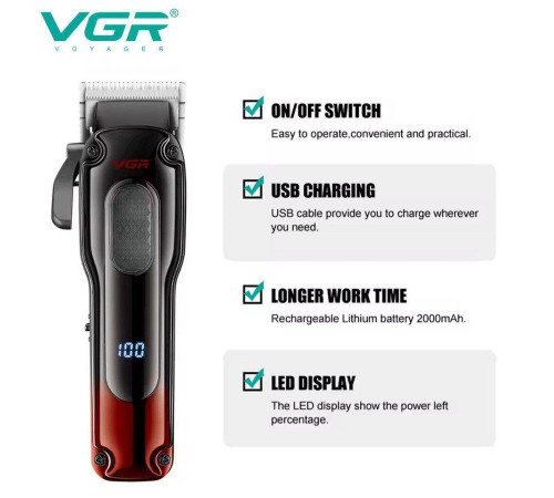 Акумуляторна машинка для стриження (clipper) VGR V-013 RED, 8 насадок, 6500 RPM, 2000 mAh, LED display