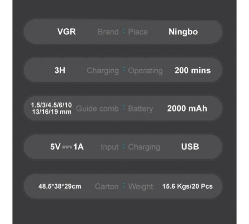 Аккумуляторная машинка для стрижки (clipper) VGR V-013 RED, 8 насадок, 6500 RPM, 2000 mAh, LED display