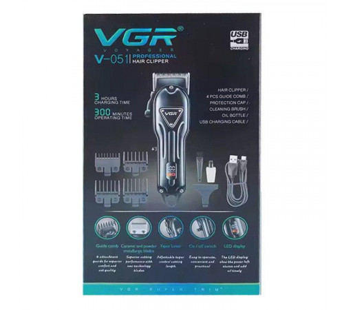 Акумуляторна машинка для стриження (clipper) VGR V-051, 4 насадки, 2500 mAh, LED display