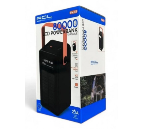 Павербанк с фонарем и проводами Портативное зарядное устройство ACL PW-53 Fast PowerBank 80000 мАч
