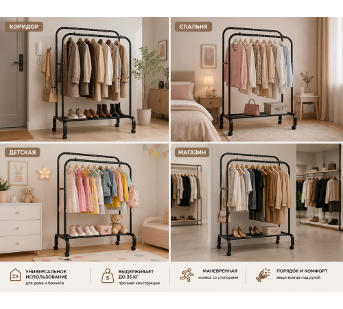 Двойная стойка для одежды и обуви Loft Rack стальная на колесиках ЧЕРНЫЙ / Вешалка двойная раскладная со стопорами и полками для обуви 150х110х57 см