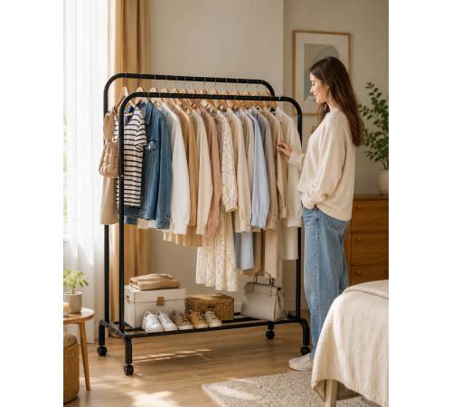 Двойная стойка для одежды и обуви Loft Rack стальная на колесиках ЧЕРНЫЙ / Вешалка двойная раскладная со стопорами и полками для обуви 150х110х57 см