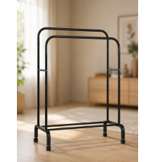 Подвійна стійка для одягу та взуття Loft Rack сталева на коліщатках ЧОРНИЙ / Вішалка подвійна розкладна зі стопорами та полицями для взуття 150х110х57 см