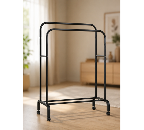 Двойная стойка для одежды и обуви Loft Rack стальная на колесиках ЧЕРНЫЙ / Вешалка двойная раскладная со стопорами и полками для обуви 150х110х57 см