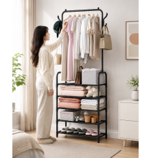 Вішалка для одягу з полицями для взуття Clothes Rack Up / Металева підлогова стійка 170×60×26 см