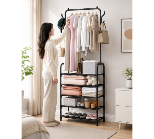 Вішалка для одягу з полицями для взуття Clothes Rack Up / Металева підлогова стійка 170×60×26 см