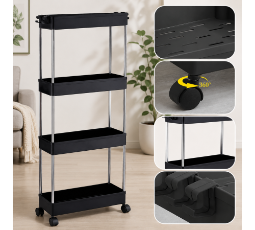 Этажерка напольная на колесиках only Black AND 220-4 / Полка напольная на колесах / Передвижной органайзер 4 полки