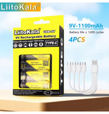 Аккумулятор USB-9V (4х6F22, 1100mAh), LiitoKala, 4 в 1 Type-C (200)