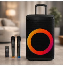 Портативная акустика ZXX-7878 / Аккумуляторная колонка с Bluetooth, TWS, FM, USB, SD, RGB-подсветкой / Караоке колонка-чемодан с 2 микрофонами и пультом ДУ