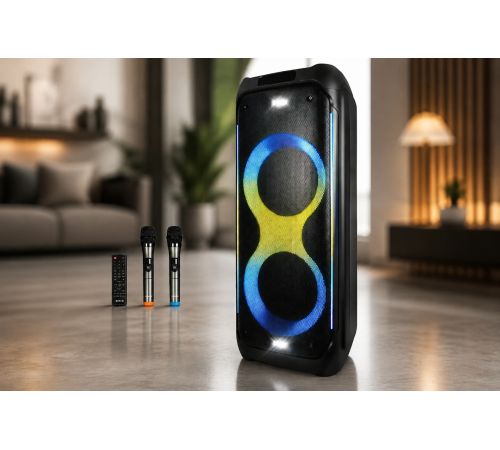 Портативная акустика ZXX-5580 / Колонка с Bluetooth для караоке с микрофонами / Аккумуляторная колонка с RGB-подсветкой FM и TWS