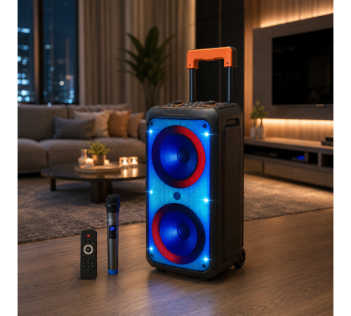 Портативна акустика ZXX-1095 80Вт / Колонка 2×8дюйма Bluetooth/USB/TF/AUX, FM, LED / Переносна музична колонка з мікрофоном для караоке за 6059 грн