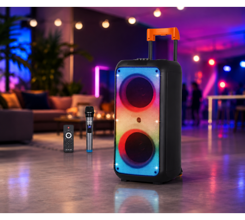Портативна акустика ZXX-1095 80Вт / Колонка 2×8дюйма Bluetooth/USB/TF/AUX, FM, LED / Переносна музична колонка з мікрофоном для караоке за 6059 грн