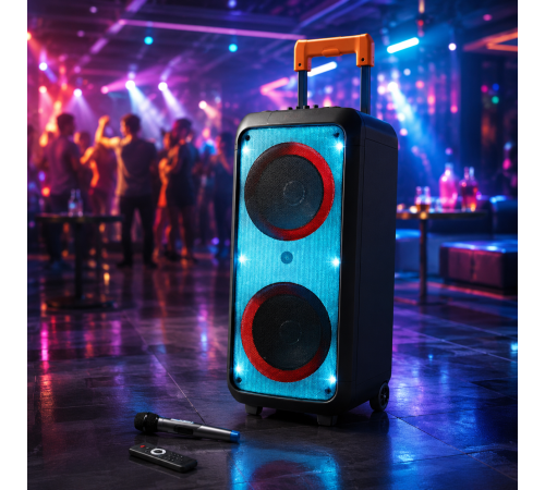 Портативна акустика ZXX-1095 80Вт / Колонка 2×8дюйма Bluetooth/USB/TF/AUX, FM, LED / Переносна музична колонка з мікрофоном для караоке за 6059 грн