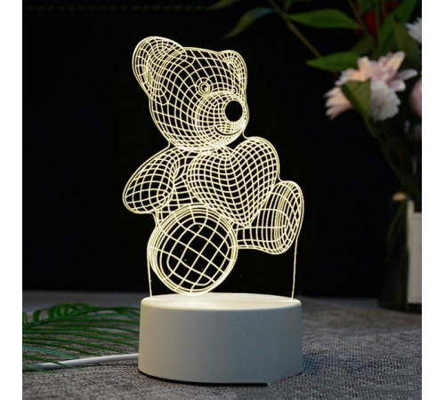Настольный 3D акриловый светильник,декоративный настольный с объемным рисунком Мишка с сердцем