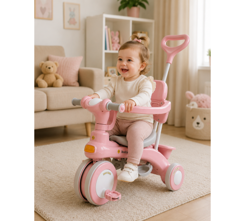 Рожевий Триколісний велосипед Baby Carriage 588 / Велосипед з з батьківською ручкою та кошиком / Велосипед-коляска