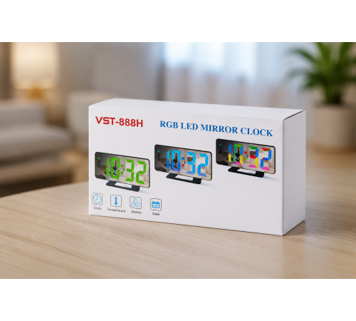 Годинник VST 888H RGB з датчиком температури / Годинник електронний настільний з дзеркальним дисплеєм / Дзеркальний LED годинник з будильником
