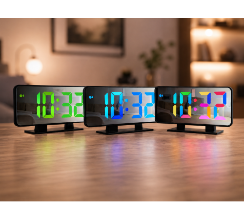Годинник VST 888H RGB з датчиком температури / Годинник електронний настільний з дзеркальним дисплеєм / Дзеркальний LED годинник з будильником