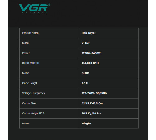 Фен профессиональный VGR V-469, 4 уровня обдува, 4 уровня температуры, 2 насадки, 2400 Вт за 5130 грн