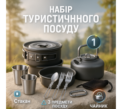 Алюмінієвий посуд для походу HALIN, Легкий посуд для активного відпочинку, Тактичний набір посуду WH-99