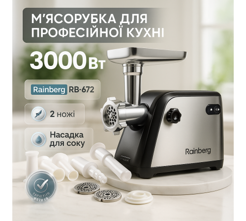 М'ясорубка кухонна шнекова Rainberg RB-672 3000W, М'ясорубка з легким чищенням 'ясорубки для ковбаси SL-89