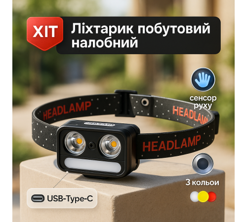 Налобный светодиодный фонарь для ночных прогулок 2069-XPG+XPG+5SMD Motion sensor, Головной фонарик FK-44