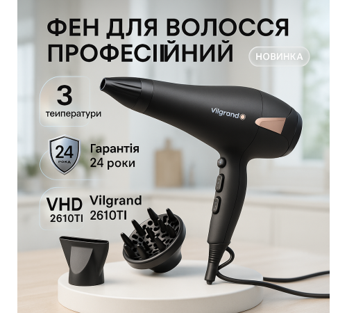 Електрофен з насадками Vilgrand VHD 2610TI 2500 Вт, Портативний фен для сушіння, Фен практичний DI-26 за 1365 грн