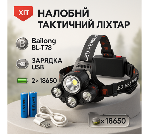 Надпотужний налобний ліхтар Bailong BL-T78, Ліхтар на лоб для промислових робіт, Ліхтарик налобник PD-12