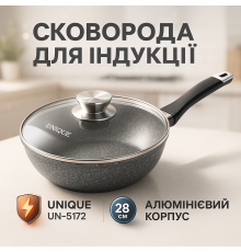 Якісна алюмінієва антипригарна сковорода UNIQUE UN-5172 28 см, Сковорода для готування на індукції RS-65