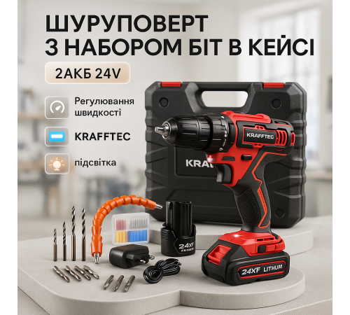 Шуруповерт с битами и сверлами KRAFFTEC 24V, Компактные аккумуляторные отвертки, Безщеточный шуруповерт XN-13