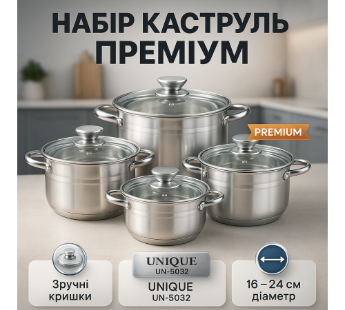 Набор кастрюль для плит UNIQUE, Кастрюли с крышками, Набор практичных кастрюль Сборный VK-78