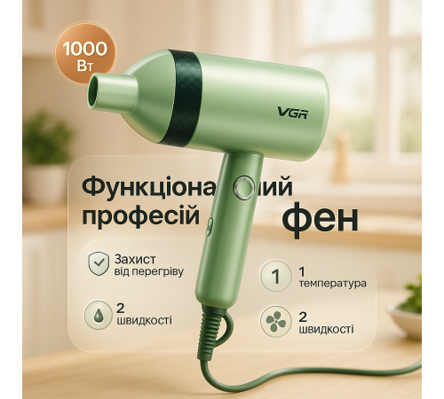 Фен для волос с холодным обдувом VGR, Удобный надежный фен для волос Портативный с насадками AP-46