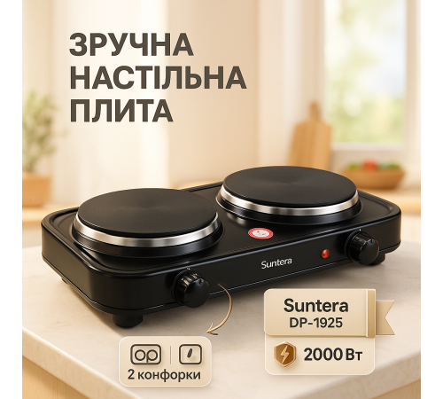Електроплита з двома електричними конфорками Suntera, Зручна плита для кухні, Комфорочна електроплита LA-14