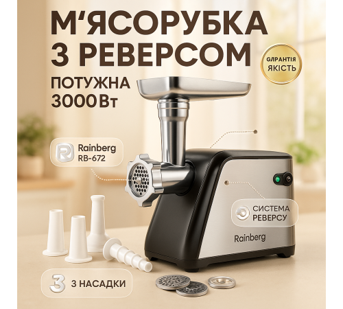 Бытовая кухонная мясорубка электрическая Rainberg RB-672 3000W, Мясорубка с мощным двигателем BD-27