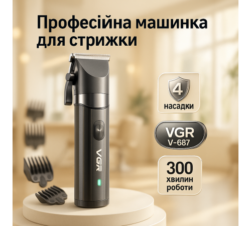 Малошумная машинка для стрижки волос VGR V-687, Профессиональный триммер с набором насадок NP-43