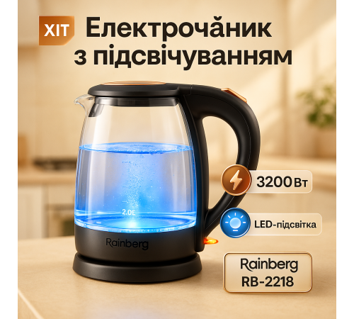 Тихий электрический чайник Rainberg RB-2218 3200Вт 2л, Стеклянный электрический чайник стильный UM-36