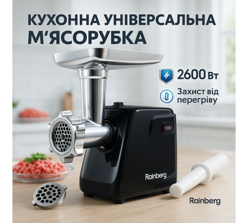 Електрична м'ясорубка для виготовлення фаршу Rainberg RB-677 2600 Вт, М'ясорубка система реверсу MC-25