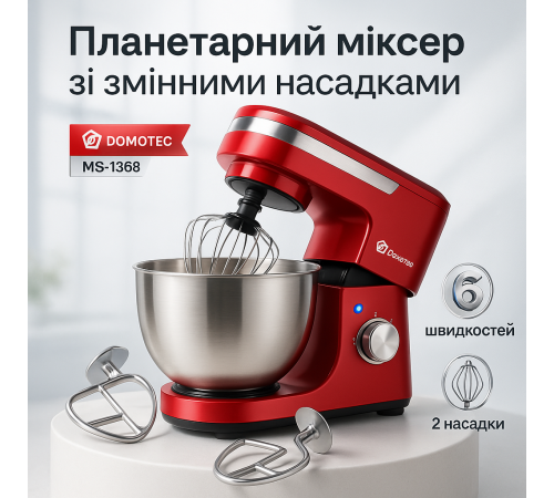 Тістомісильні машини Domotec, Планетарний міксер 3 насадки, Планетарний міксер кухонний комбайн з чашею EN-43