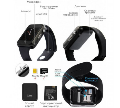 Смарт-часы Smart Watch A1 умные электронные со слотом под sim-карту + карту памяти micro-sd. Цвет: черный HG-19