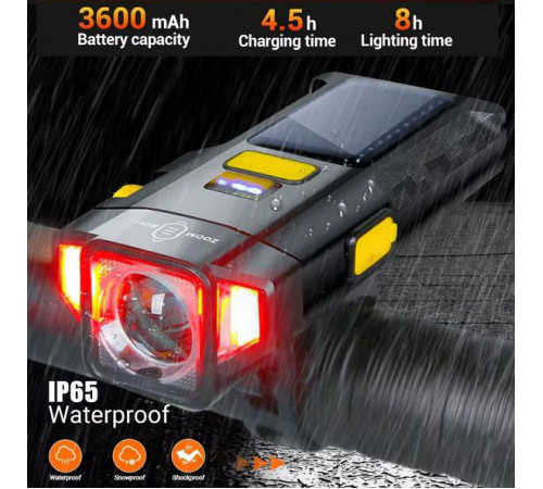 Велофонарь с водозащитой и зарядкой X17-30W+2LED(red), Фонарь с аккумулятором для велосипедистов XV-47