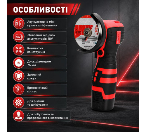 Акумуляторна міні шліфмашина Boxer BX-3293 АКБ 2x18V швидкість обертання 12500 об/хв діаметр диска 76мм BG-45