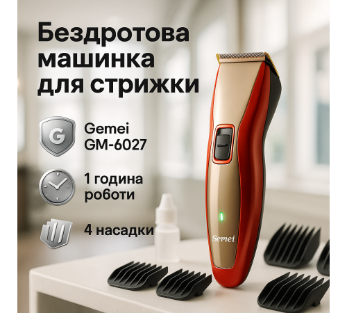 Машинка для стрижки акумуляторна з керамічними ножами Pro Gemei GM-6027, Тример бездротовий GZ-22