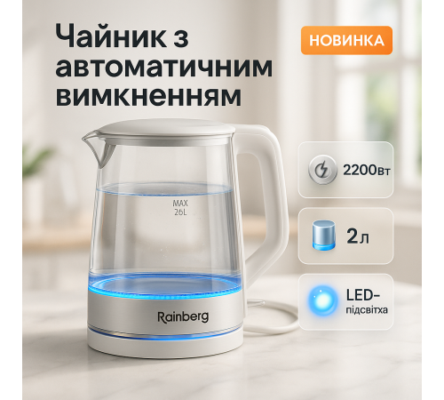 Чайник с подсветкой и индикатором уровня воды Rainberg RB-709 2Л 2200Вт, Лучший бюджетный электрочайник FA-33