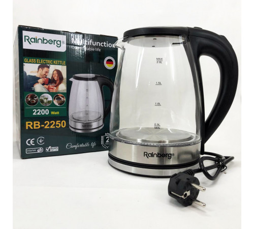 Электрический стеклянный чайник Rainberg RB-2250 с LED подсветкой 2200 Вт 1.8л, хороший электро чайник GT-23