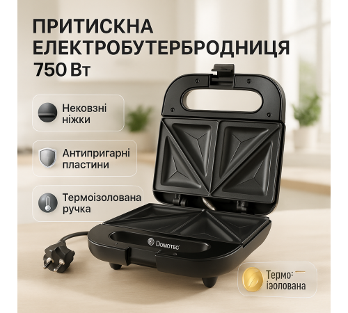 Сендвічниця зі знімними формами DOMOTEC, Сендвічниця з антипригарними панелями, Бутербродниця побутова FO-19
