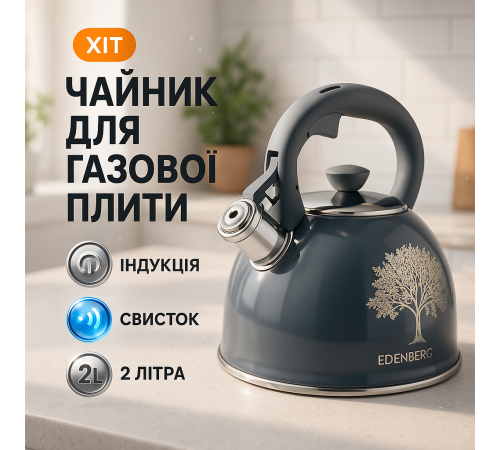 Чайник с одинарным дном Edenberg EB-1956 2л, Чайник со свистком нержавеющая сталь FU-56