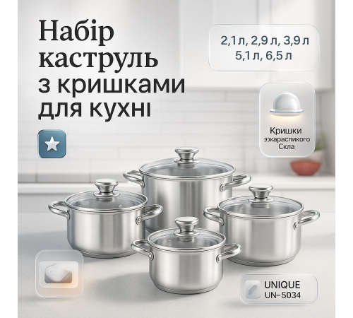 Набір каструль якісних з кришками UNIQUE UN-5034 10 шт, Набір каструль з кришками для кухні HU-86