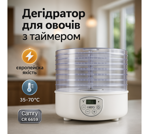 Сушка для овощей и фруктов Camry CR 6659 35-70°C, Электросушилки для продуктов Сушилка мяса и рыбы NR-19