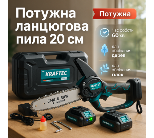 Пила цепная компактная Krafftec 20 см, Пила на аккумуляторе для заготовки дров, Аккамуляторная минипила HS-58