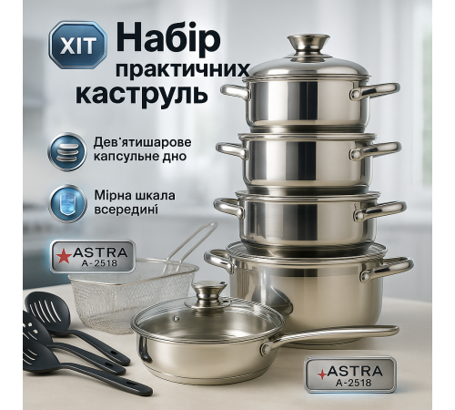 Набор кастрюль качественных с крышками 18 предметов ASTRA A-2518, Набор больших кастрюль IC-82