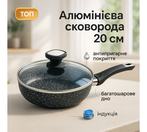 Сковорода антипригарна індукційна UNIQUE UN-5113 20 см, Сковорода для любителів готувати TG-10